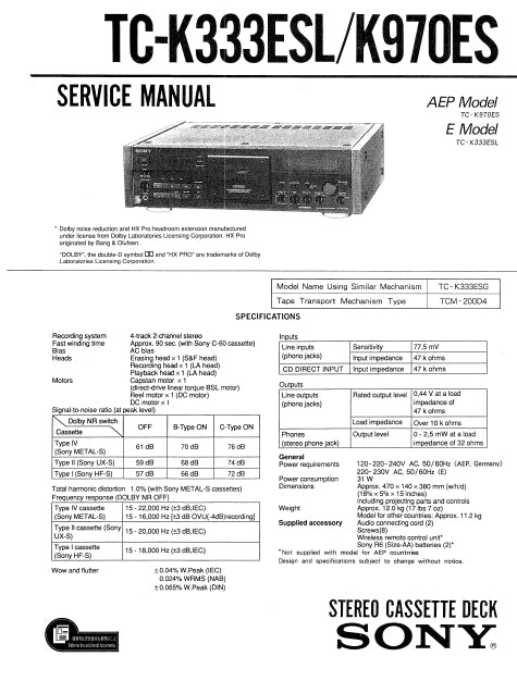 SONY TC-K333ESL TC-K970ES STEREO CASSETTE DECK SERVICE MANUAL INC SCHEM DIAGS 47 PAGES ENG