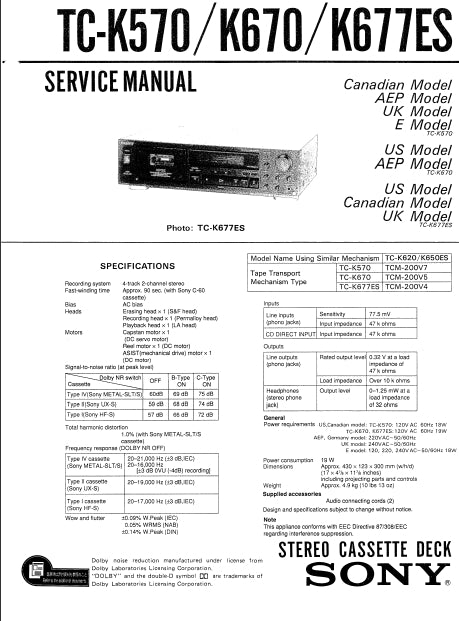 SONY TC-K570 TC-K670 TC-K677ES STEREO CASSETTE DECK SERVICE MANUAL INC SCHEM DIAGS 34 PAGES ENG