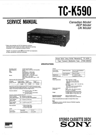 SONY TC-K590 STEREO CASSETTE DECK SERVICE MANUAL INC SCHEM DIAGS 31 PAGES ENG