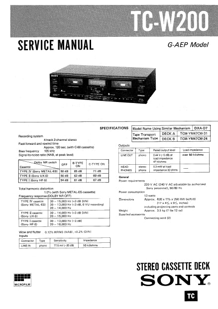 SONY TC-W200 STEREO CASSETTE DECK SERVICE MANUAL INC SCHEM DIAGS 18 PAGES ENG