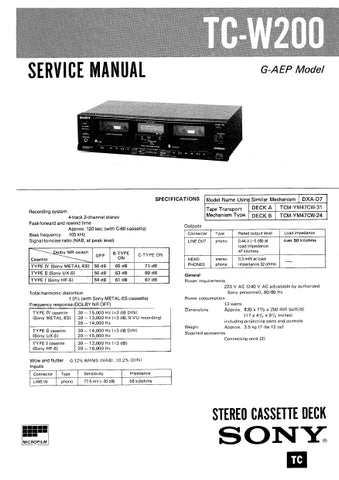 SONY TC-W200 STEREO CASSETTE DECK SERVICE MANUAL INC SCHEM DIAGS 18 PAGES ENG