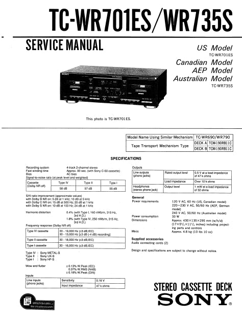 SONY TC-WR701ES TC-WR735ES STEREO CASSETTE DECK SERVICE MANUAL INC SCHEM DIAGS 37 PAGES ENG