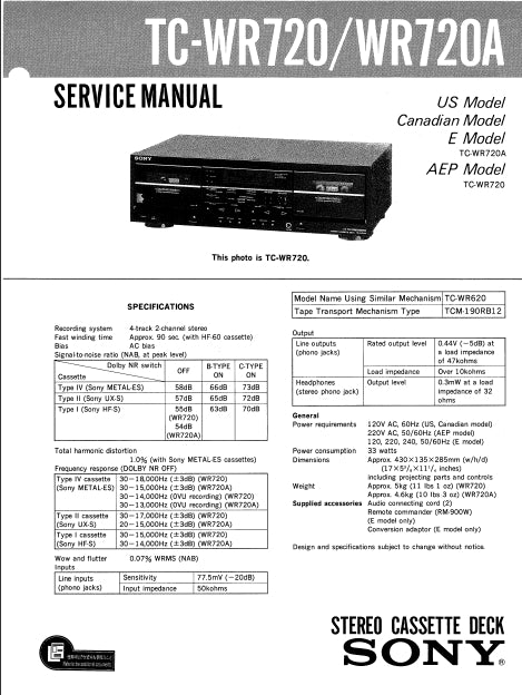 SONY TC-WR720 TC-WT720A STEREO CASSETTE DECK SERVICE MANUAL INC SCHEM DIAGS 32 PAGES ENG