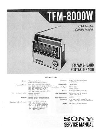 SONY TFM-8000W FM AM 6 BAND PORTABLE RADIO SERVICE MANUAL INC SCHEM DIAGS 28 PAGES ENG