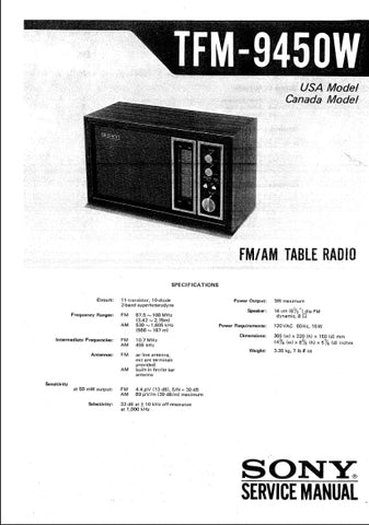 SONY TFM-9450W FM AM TABLE RADIO SERVICE MANUAL INC SCHEM DIAGS 11 PAGES ENG