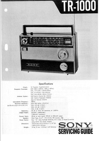 SONY TR-1000 4 BAND RECEIVER SERVICING GUIDE INC SCHEMATIC DIAGRAMS 27 PAGES ENG