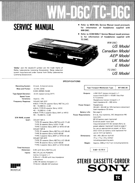 SONY WM-D6C TC-D6C STEREO CASSETTE-CORDER SERVICE MANUAL INC SCHEM DIAGS 26 PAGES ENG