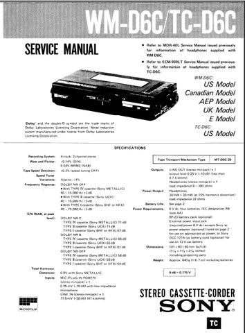 SONY WM-D6C TC-D6C STEREO CASSETTE-CORDER SERVICE MANUAL INC SCHEM DIAGS 26 PAGES ENG