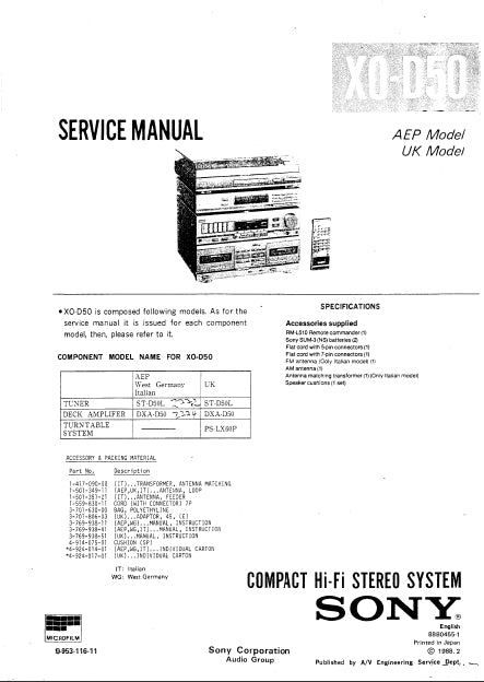 SONY X0-D50 ST-D50L DXA-D50 COMPACT HIFI STEREO SYSTEM SERVICE MANUAL INC SCHEM DIAGS 44 PAGES ENG