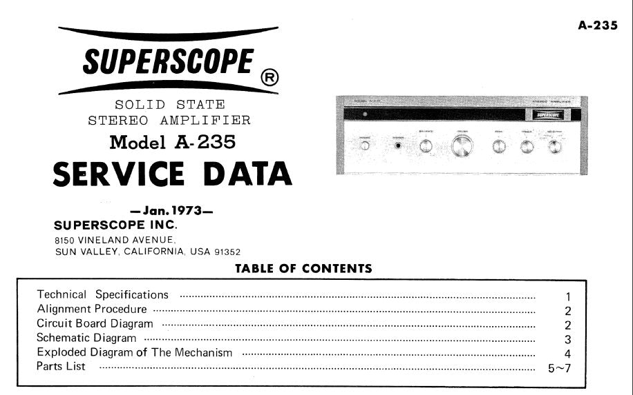SUPERSCOPE A-235 SOLID STATE STEREO AMPLIFIER SERVICE DATA INC PCBS SCHEM DIAG AND PARTS LIST 8 PAGES ENG