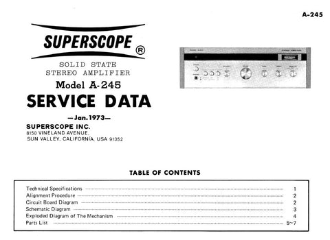 SUPERSCOPE A-245 STEREO AMPLIFIER SERVICE DATA INC PCBS SCHEM DIAG AND PARTS LIST 8 PAGES ENG