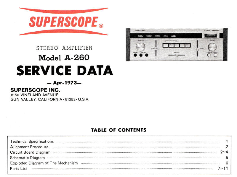 SUPERSCOPE A-260 STEREO INTEGRATED AMPLIFIER SERVICE DATA INC PCBS SCHEM DIAG AND PARTS LIST 12 PAGES ENG