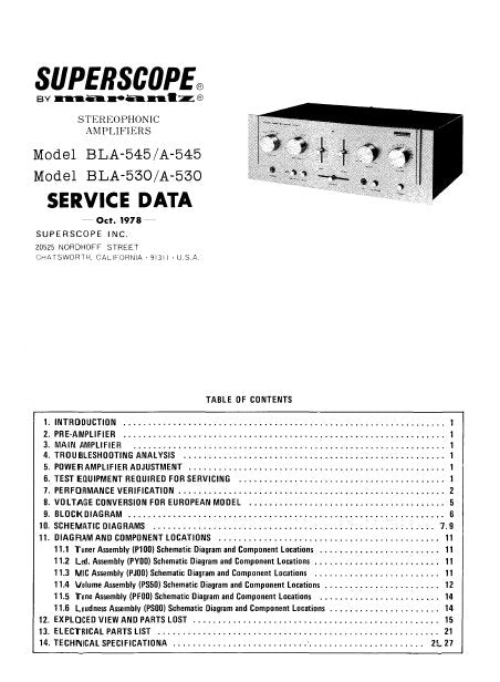 SUPERSCOPE A-530 A-545 BLA-530 BLA-545 STEREO INTEGRATED AMPLIFIER SERVICE DATA INC BLK DIAG PCBS SCHEM DIAGS AND PARTS LIST 24 PAGES ENG