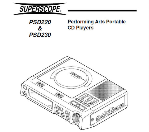 SUPERSCOPE PSD220 PSD230 PERFORMING ARTS PORTABLE CD PLAYER OWNER'S MANUAL INC CONN DIAGS AND TRSHOOT GUIDE 16 PAGES ENG