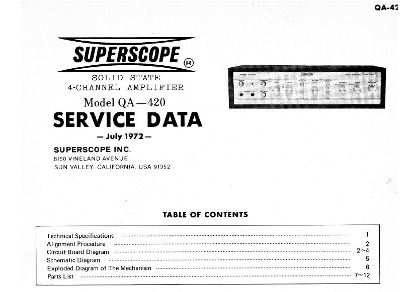 SUPERSCOPE QA-420 SOLID STATE 4 CHANNEL AMPLIFIER SERVICE DATA INC PCBS SCHEM DIAG AND PARTS LIST 12 PAGES ENG