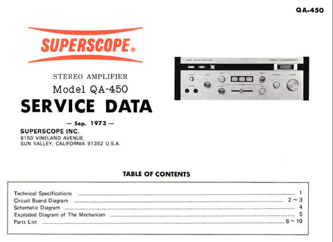 SUPERSCOPE QA-450 4 CHANNEL AMPLIFIER SERVICE DATA INC PCBS SCHEM DIAG AND PARTS LIST 11 PAGES ENG