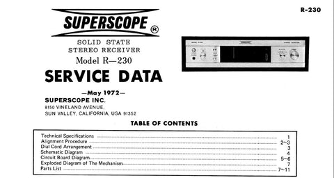 SUPERSCOPE R-230 SOLID STATE STEREO RECEIVER SERVICE DATA INC PCBS SCHEM DIAG AND PARTS LIST 12 PAGES ENG