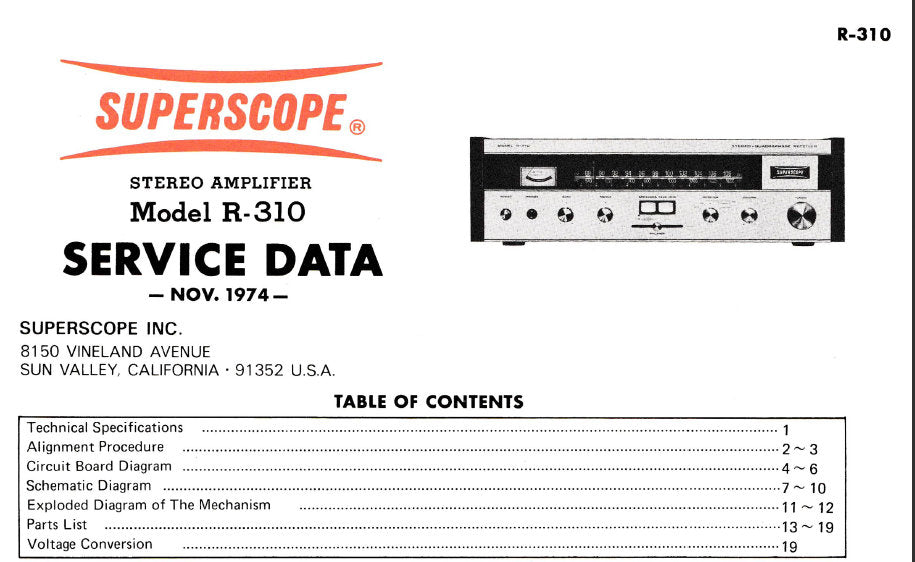 SUPERSCOPE R-310 STEREO QUADRAPHASE RECEIVER SERVICE DATA INC PCBS SCHEM DIAG AND PARTS LIST 17 PAGES ENG