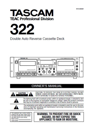 TASCAM 322 DOUBLE AUTO REVERSE CASSETTE DECK OWNER'S MANUAL 20 PAGES ENGLISH