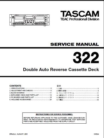 TASCAM 322 DOUBLE AUTO REVERSE CASSETTE DECK SERVICE MANUAL INC BLK DIAG PCBS AND PARTS LIST 24 PAGES ENG