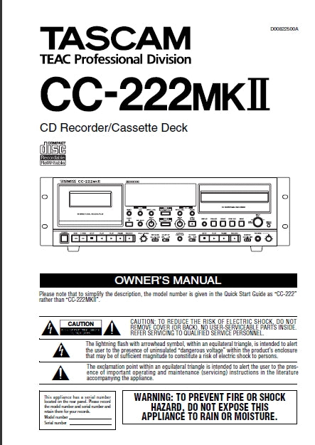 TASCAM CC-222MKII CD RECORDER/CASSETTE DECK OWNER'S MANUAL 40 PAGES ENGLISH