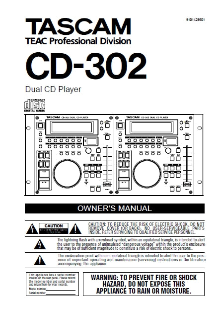 TASCAM CD-302 DUAL CD PLAYER OWNER'S MANUAL 32 PAGES ENGLISH