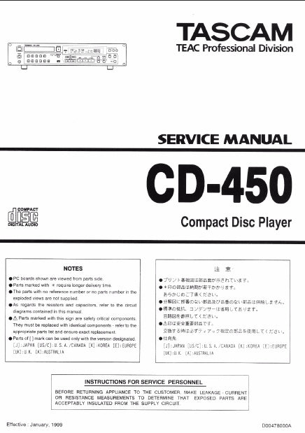TASCAM CD-450 CD PLAYER SERVICE MANUAL 18 PAGES ENGLISH