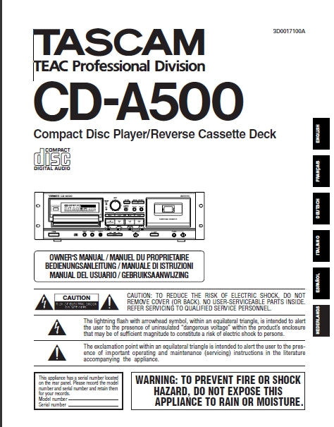TASCAM CD-A500 CD PLAYER/REVERSE CASSETTE DECK OWNER'S MANUAL INC TRSHOOT GUIDE 17 PAGES ENG