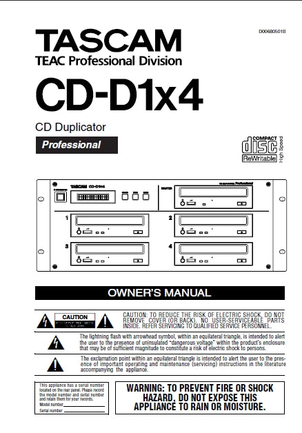 TASCAM CD-D1x4 CD DUPICATOR PROFESSIONAL OWNERS MANUAL 22 PAGES ENGLISH