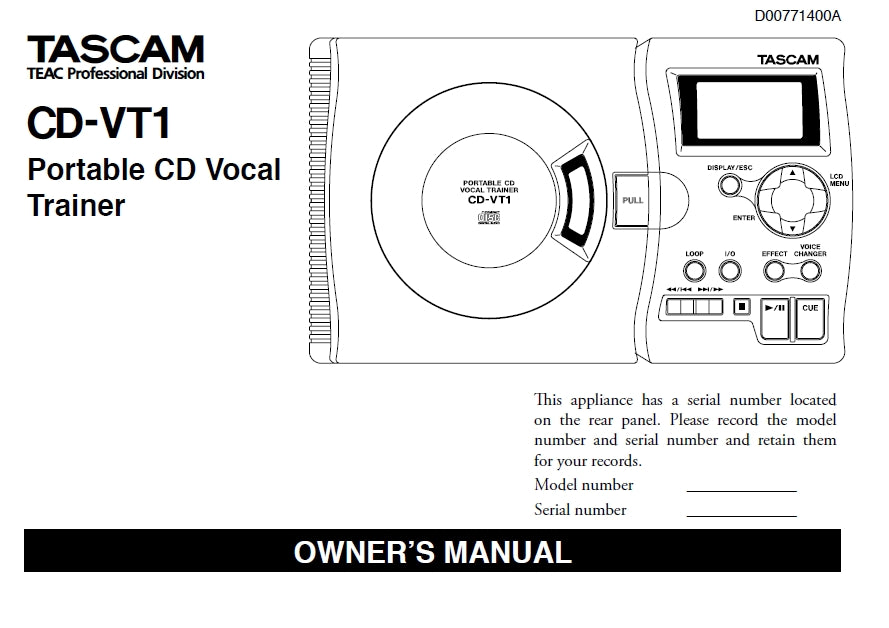TASCAM CD-VT1 PORTABLE CD VOCAL TRAINER OWNER'S MANUAL 16 PAGES ENGLISH