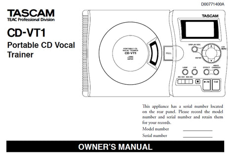 TASCAM CD-VT1 PORTABLE CD VOCAL TRAINER OWNER'S MANUAL 16 PAGES ENGLISH