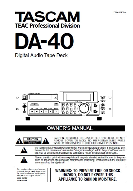 TASCAM DA-40 DIGITAL AUDIO TAPE DECK OWNER'S MANUAL INC BLOCK DIAGRAM 34 PAGES ENG