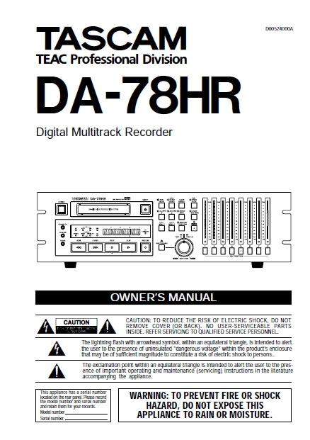 TASCAM DA-78HR DIGITAL MULTITRACK RECORDER OWNER'S MANUAL 78 PAGES ENGLISH