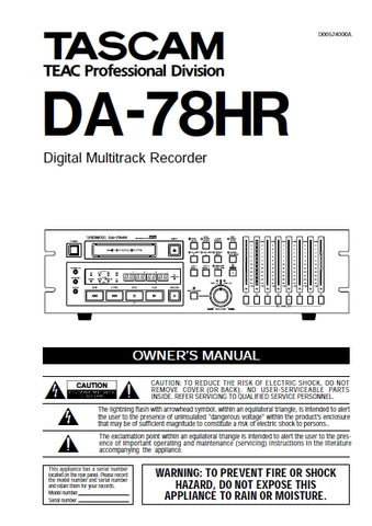 TASCAM DA-78HR DIGITAL MULTITRACK RECORDER OWNER'S MANUAL 78 PAGES ENGLISH