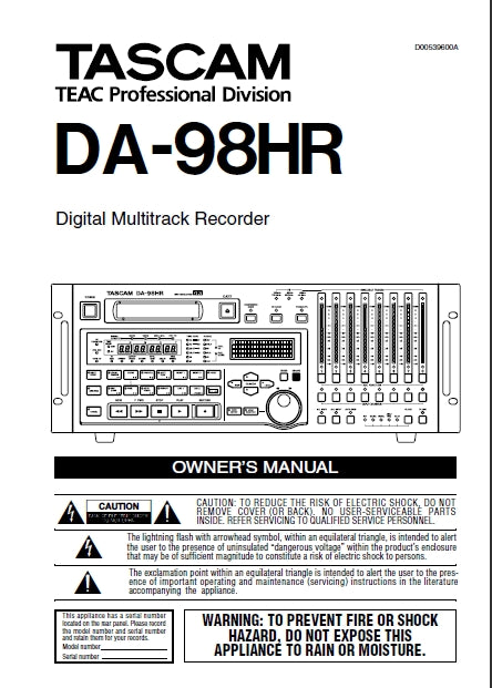TASCAM DA-98HR DIGITAL MULTITRACK RECORDER OWNER'S MANUAL 100 PAGES ENGLISH