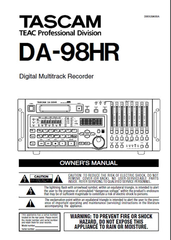 TASCAM DA-98HR DIGITAL MULTITRACK RECORDER OWNER'S MANUAL 100 PAGES ENGLISH