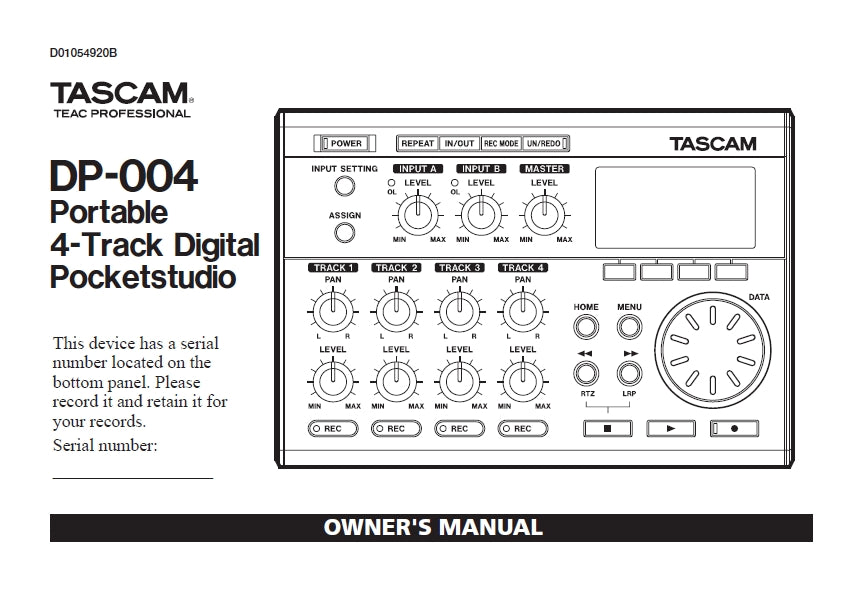TASCAM DP-004 PORTABLE 4 TRACK DIGITAL POCKETSTUDIO OWNER'S MANUAL 112 PAGES ENGLISH
