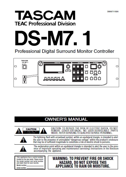 TASCAM DS-M7.1 PROFESSIONAL DIGITAL SURROUND MONITOR CONTROLLER OWNER'S MANUAL 40 PAGES ENGLISH