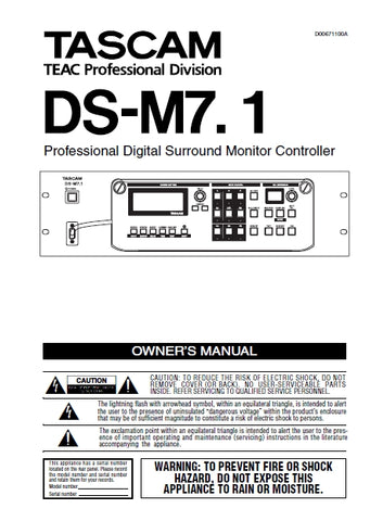TASCAM DS-M7.1 PROFESSIONAL DIGITAL SURROUND MONITOR CONTROLLER OWNER'S MANUAL 40 PAGES ENGLISH