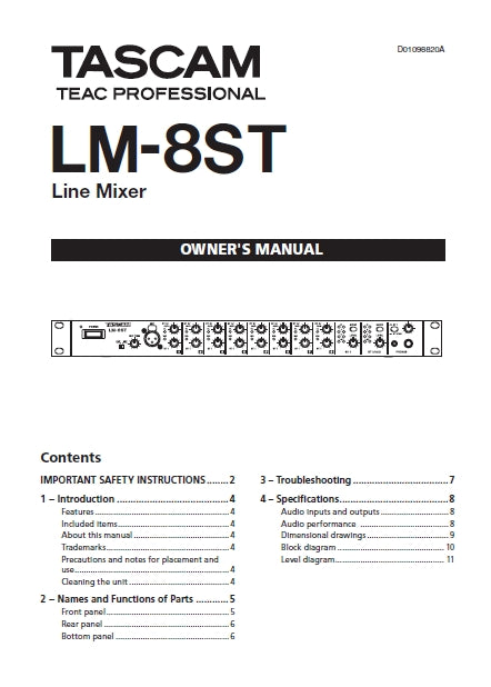 TASCAM LM-8ST LINE MIXER OWNER'S MANUAL 12 PAGES ENGLISH
