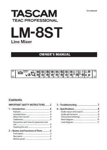 TASCAM LM-8ST LINE MIXER OWNER'S MANUAL 12 PAGES ENGLISH