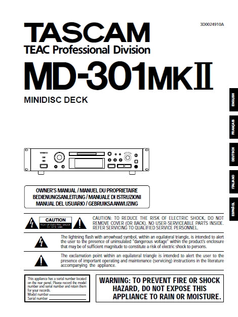 TASCAM MD-301MKII MINIDISC DECK OWNER'S MANUAL 23 PAGES ENGLISH