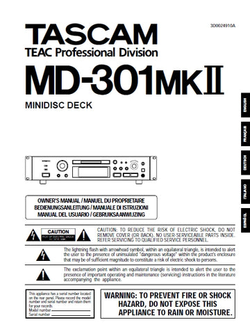 TASCAM MD-301MKII MINIDISC DECK OWNER'S MANUAL 23 PAGES ENGLISH