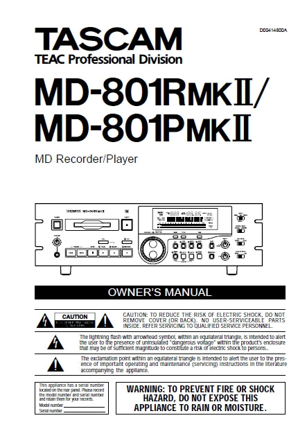 TASCAM MD-801RMKII MD-801PMKII MD RECORDER/PLAYER OWNER'S MANUAL 29 PAGES ENGLISH