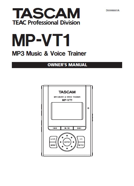 TASCAM MP-VT1 MP3 MUSIC AND VOICE TRAINER OWNER'S MANUAL 31 PAGES ENGLISH