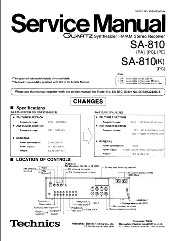 TECHNICS SA-810 QUARTZ SYNTHESIZER FM AM STEREO RECEIVER SERVICE MANUAL INC SCHEMATIC DIAGRAMS 36 PAGES ENG