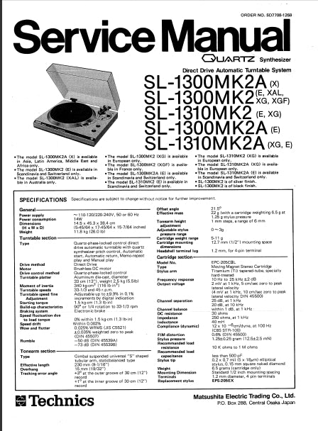 TECHNICS SL-1300MK2A SL-1300MK2 SL-1310MK2 DIRECT DRIVE TURNTABLE SYSTEM SERVICE MANUAL INC SCHEM DIAGS 22 PAGES ENG DEUT FRANC