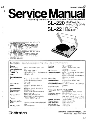 TECHNICS SL-220 SL-221 TURNTABLE SYSTEM SERVICE MANUAL INC SCHEM DIAGS 11 PAGES ENG DEUT FRANC