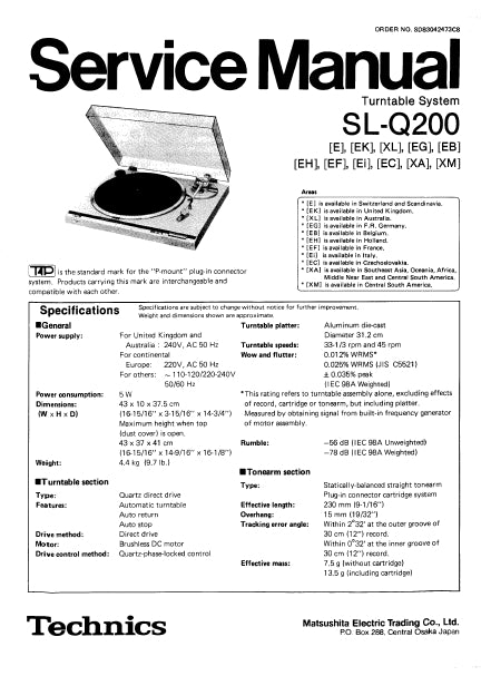 TECHNICS SL-Q200 TURNTABLE SYSTEM SERVICE MANUAL INC SCHEM DIAGS 17 PAGES ENG DEUT FRANC ESP