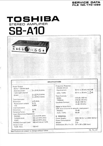 TOSHIBA SB-A10 STEREO AMPLIFIER SERVICE DATA INC SCHEMATIC DIAGRAMS 10 PAGES ENG